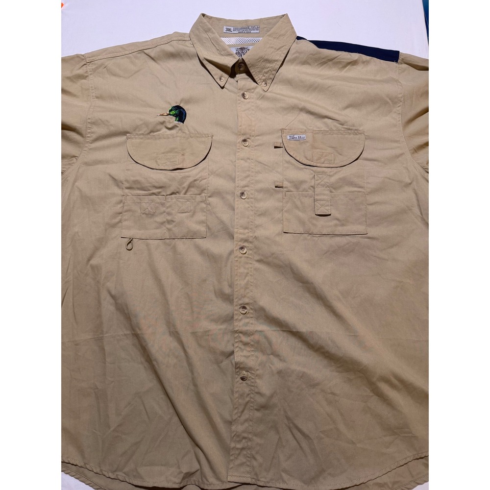 Tiger Hill Mens 3XL Texas Flag Mallard Duck Fishing Shirt Performance Poplin Tan